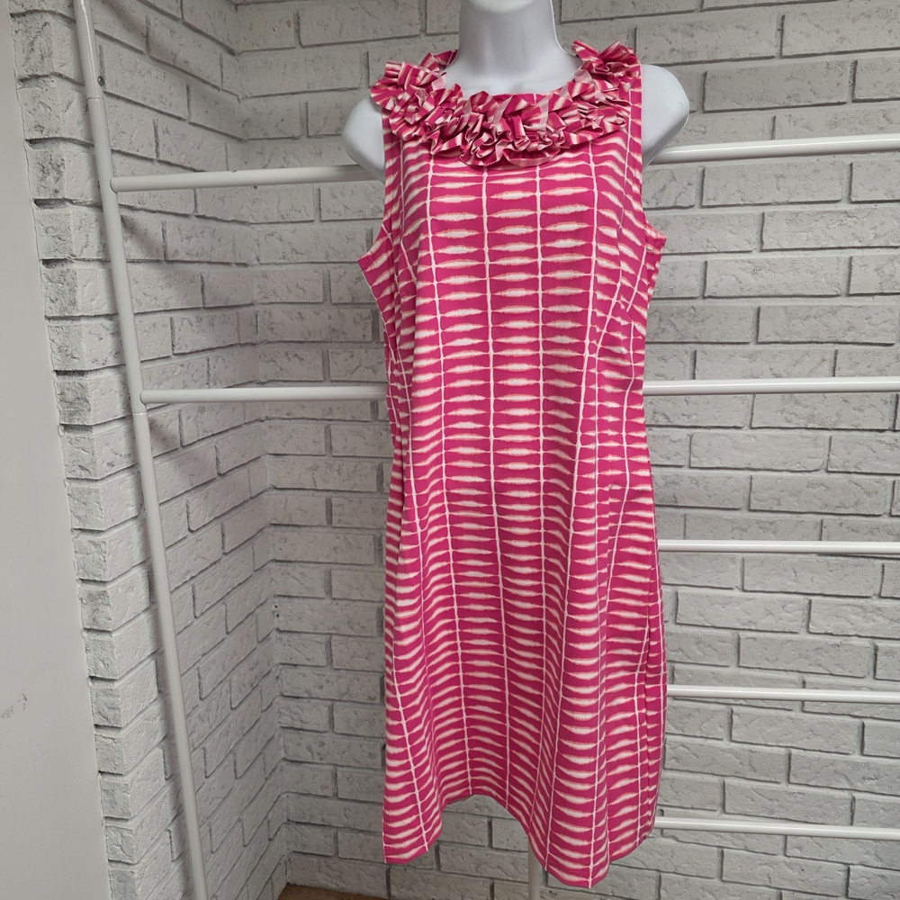Katherine Way Pink Ruffle Neck Dress Sleeveless Shift Dress Size S